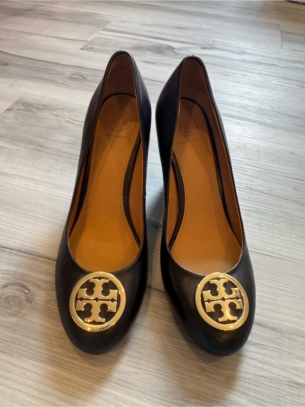 Tory Burch Black Leather Wedges with Gold Logo